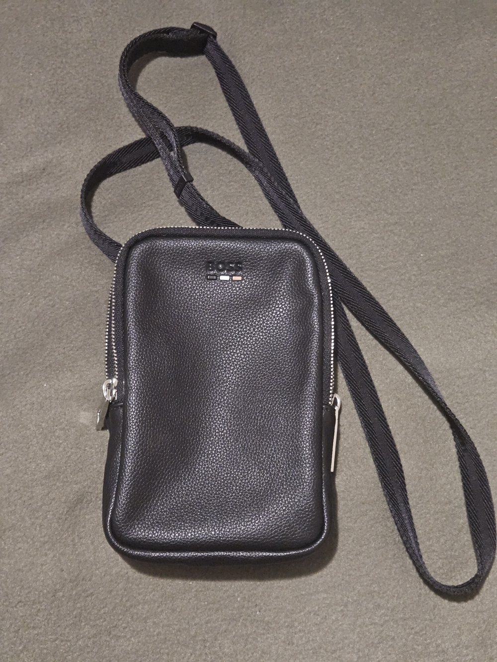 BOSS Black Pebbled Leather Mini Crossbody Belt Bag with Silver Zip